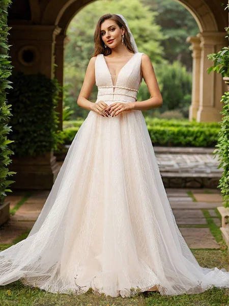 A-Line/Princess Tulle Ruffles V-neck Sleeveless Sweep Train Wedding Dresses
