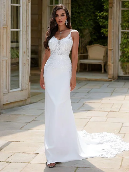 Sheath/Column Stretch Crepe Lace V-neck Sleeveless Sweep Train Wedding Dresses