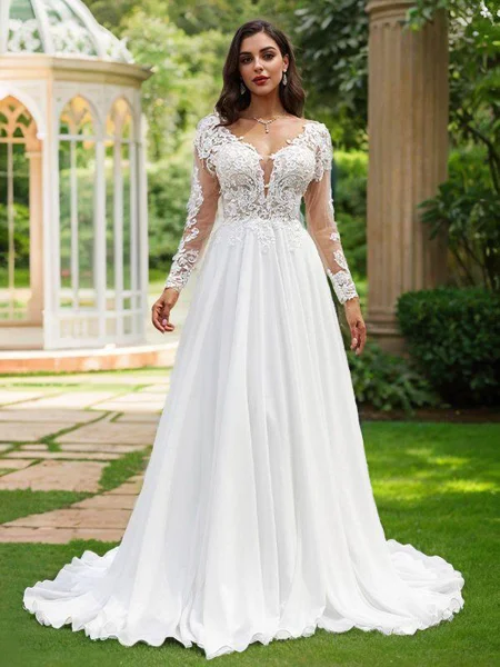 A-Line/Princess Chiffon Applique V-neck Long Sleeves Sweep Train Wedding Dresses