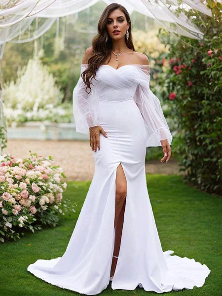 Sheath/Column Stretch Crepe Ruched Off-the-Shoulder Long Sleeves Sweep Train Wedding Dresses