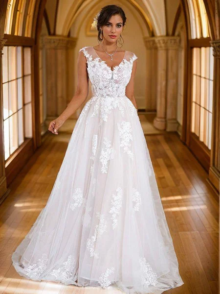 A-Line/Princess Lace Applique V-neck Sleeveless Sweep Train Wedding Dresses