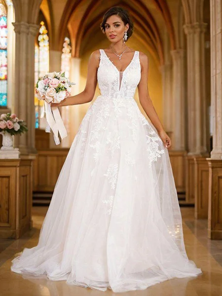 A-Line/Princess Lace Applique V-neck Sleeveless Sweep Train Wedding Dresses