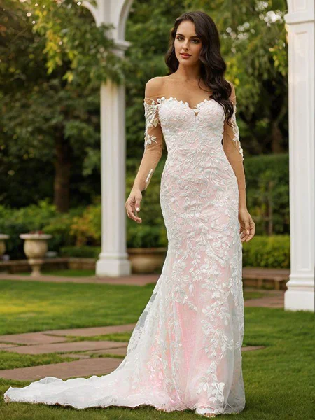 Sheath/Column Lace Off-the-Shoulder Long Sleeves Court Train Wedding Dresses