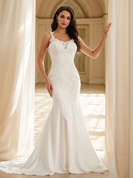 Sheath/Column Stretch Crepe Lace Straps Sleeveless Court Train Wedding Dresses
