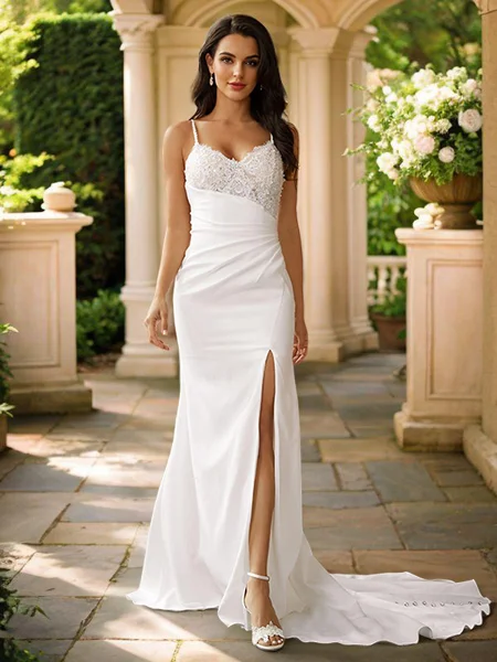 Sheath/Column Stretch Crepe Lace V-neck Sleeveless Sweep Train Wedding Dresses