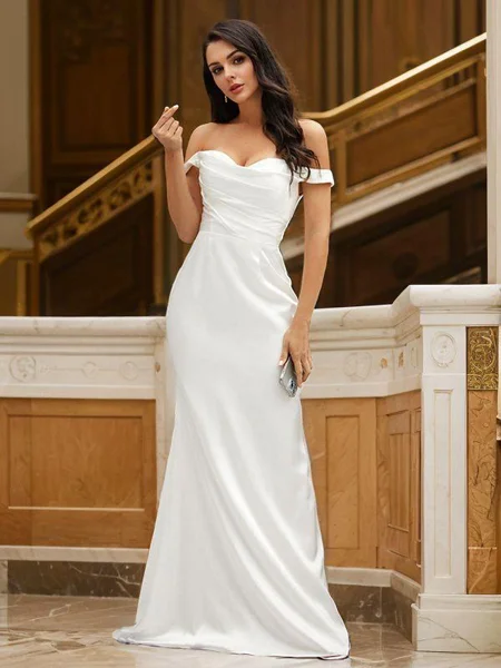 Sheath/Column Ruched Off-the-Shoulder Sleeveless Sweep Train Wedding Dresses