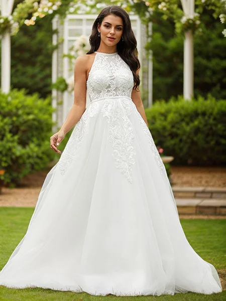 A-Line/Princess Tulle Lace Scoop Sleeveless Sweep Train Wedding Dresses
