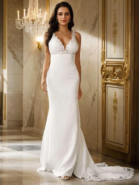 Sheath/Column Stretch Crepe Lace V-neck Sleeveless Sweep Train Wedding Dresses