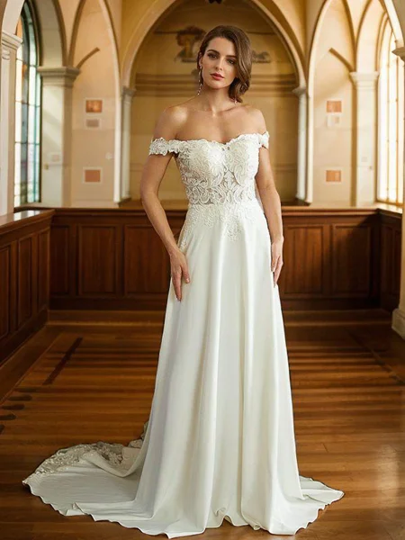 A-Line/Princess Stretch Crepe Lace Off-the-Shoulder Short Sleeves Court Train Wedding Dresses