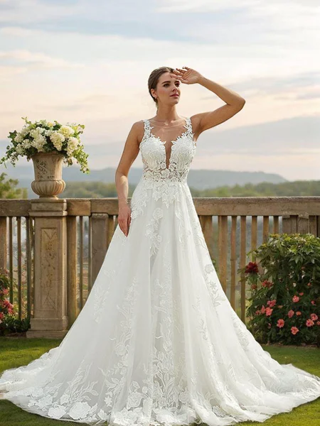 A-Line/Princess Tulle Lace Scoop Sleeveless Chapel Train Wedding Dresses