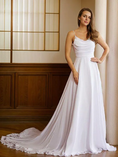 A-Line/Princess Chiffon Lace Spaghetti Straps Sleeveless Chapel Train Wedding Dresses