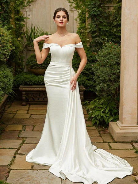 Sheath/Column Charmeuse Ruched Off-the-Shoulder Sleeveless Court Train Wedding Dresses