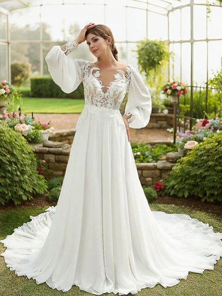 A-Line/Princess Chiffon Applique Scoop Long Sleeves Chapel Train Wedding Dresses