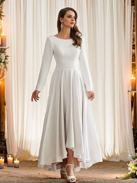 A-Line/Princess Stretch Crepe Ruffles Scoop Long Sleeves Asymmetrical Wedding Dresses
