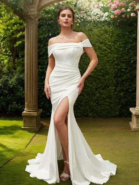 Sheath/Column Stretch Crepe Ruched Off-the-Shoulder Sleeveless Sweep Train Wedding Dresses