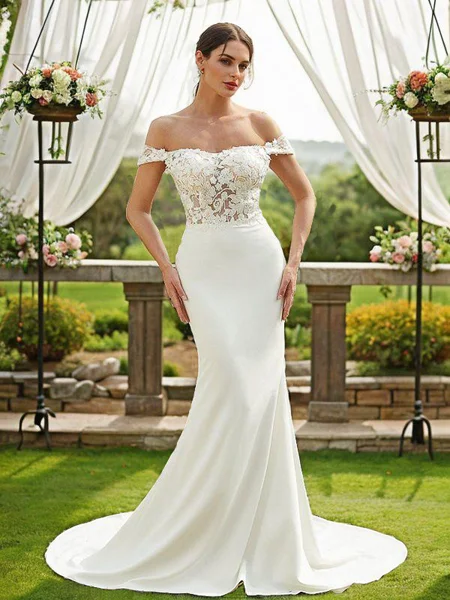 Sheath/Column Stretch Crepe Lace Off-the-Shoulder Sleeveless Court Train Wedding Dresses