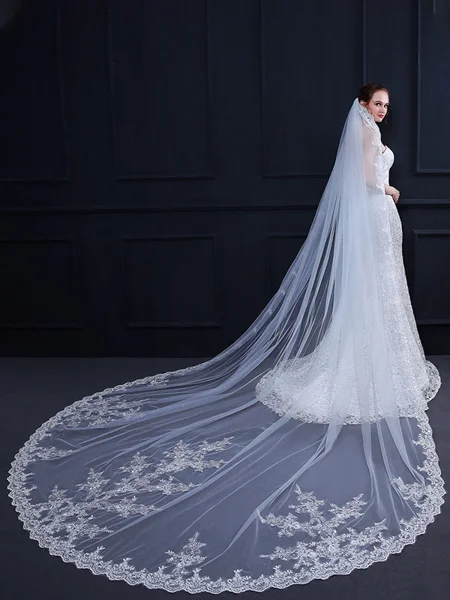 Graceful Tulle One-Tier Cathedral Bridal Veils With Applique