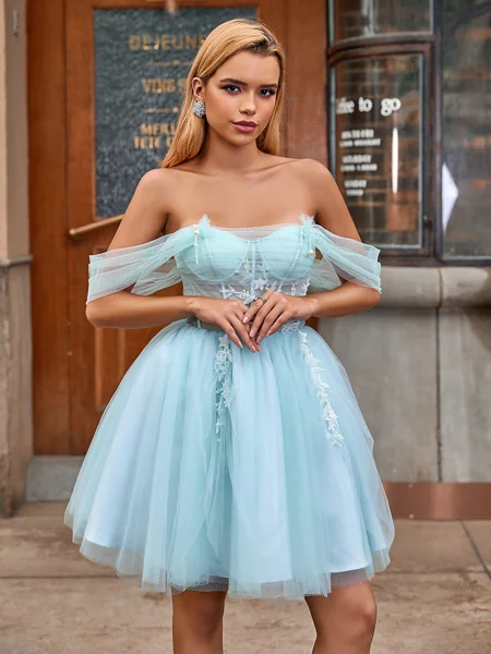 Ball-Gown Off-the-Shoulder Appliques Lace Short/Mini Tulle Corset Dress