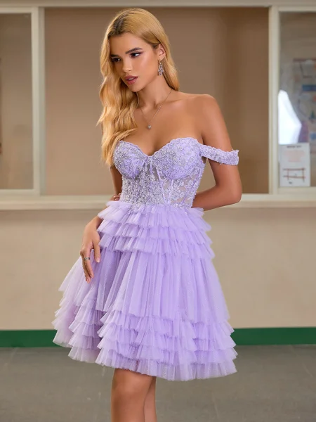 A-line Off-the-Shoulder Appliques Lace Short/Mini Tulle Corset Dress