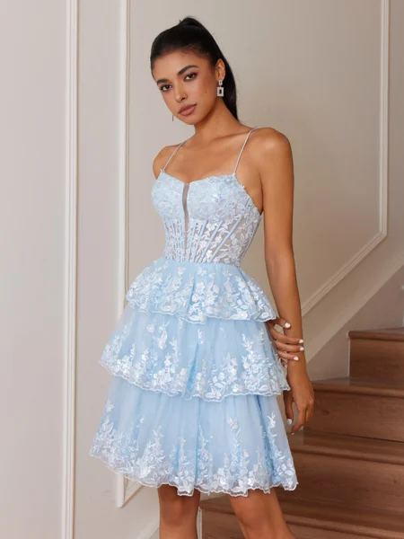 A-line Spaghetti Straps Appliques Lace Short/Mini Tulle Corset Dress