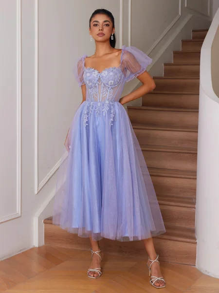 A-line Short Sleeves Lace Sweetheart Appliques Lace Corset Tea-Length Dress