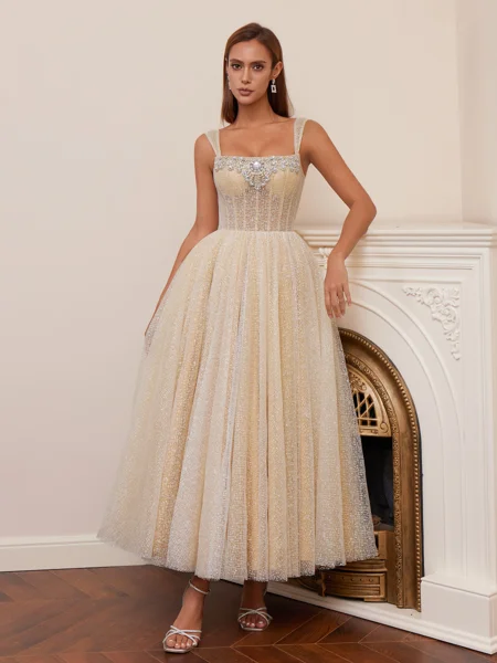 A-line Straps Rhinestone...