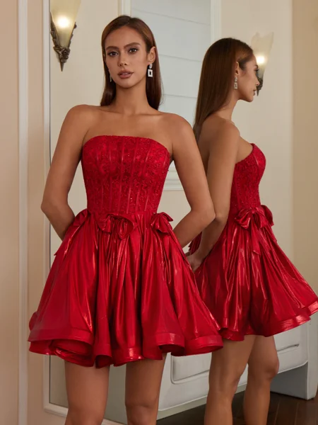 A-line Straight Appliques Lace Short/Mini Metallic Satin Corset Dress