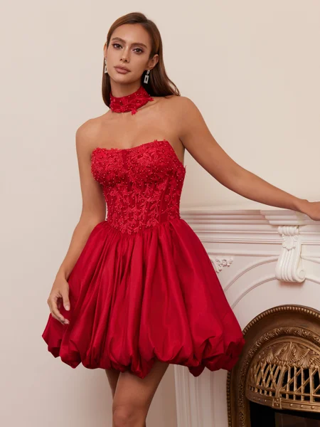 Ball-Gown Straight Appliques Lace Short/Mini Taffeta Corset Dress