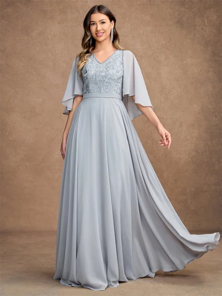 A-Line/Princess Chiffon Applique V-neck 1/2 Sleeves Floor-Length Mother of the Bride Dresses