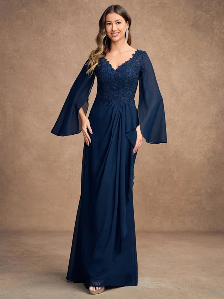A-Line/Princess Chiffon Applique V-neck Long Sleeves Floor-Length Mother of the Bride Dresses