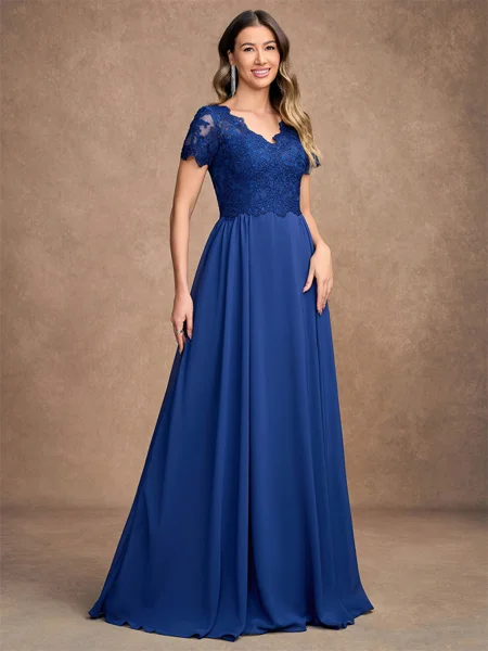 A-Line/Princess Chiffon Lace V-neck Short Sleeves Floor-Length Mother of the Bride Dresses