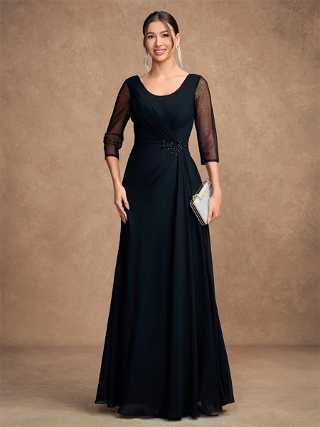 A-Line/Princess Chiffon Ruched Scoop 3/4 Sleeves Floor-Length Mother of the Bride Dresses