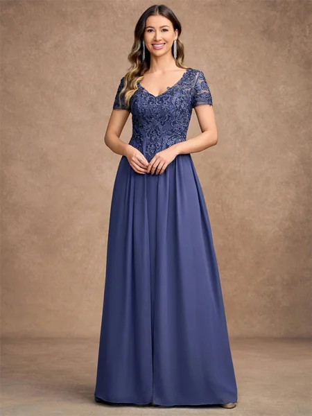 A-Line/Princess Chiffon Applique V-neck Short Sleeves Floor-Length Mother of the Bride Dresses