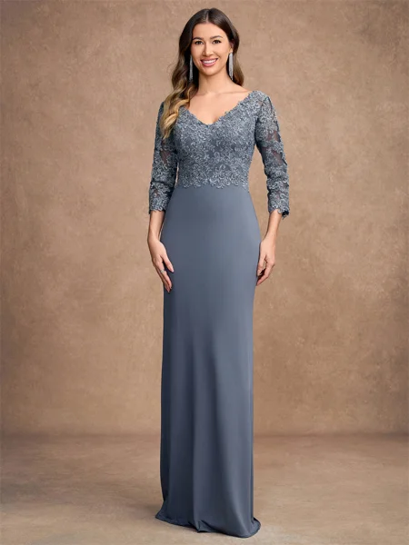 Sheath/Column Jersey Lace V-neck 3/4 Sleeves Floor-Length Mother of the Bride Dresses