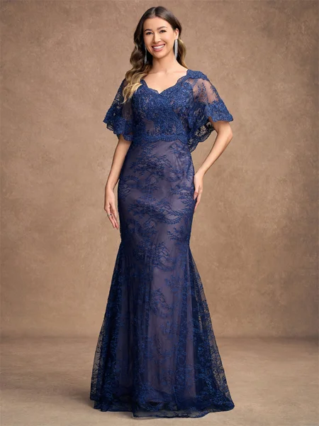 Sheath/Column Silk like Satin Lace V-neck Short Sleeves Floor-Length Mother of the Bride Dresses