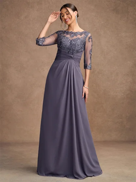 A-Line/Princess Chiffon Applique Scoop 3/4 Sleeves Floor-Length Mother of the Bride Dresses