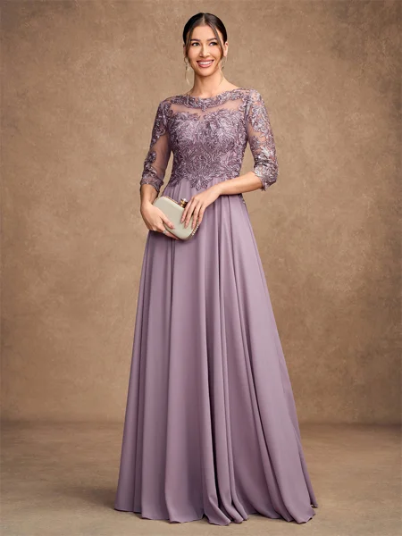A-Line/Princess Chiffon Lace Scoop 3/4 Sleeves Floor-Length Mother of the Bride Dresses