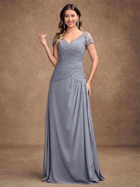 A-Line/Princess Chiffon Applique Sweetheart Short Sleeves Floor-Length Mother of the Bride Dresses