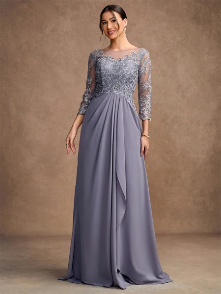 A-Line/Princess Chiffon Lace Scoop 3/4 Sleeves Floor-Length Mother of the Bride Dresses