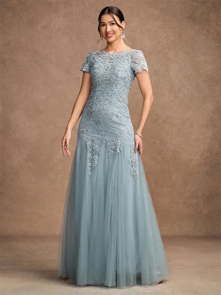 A-Line/Princess Tulle Lace Scoop Short Sleeves Floor-Length Mother of the Bride Dresses