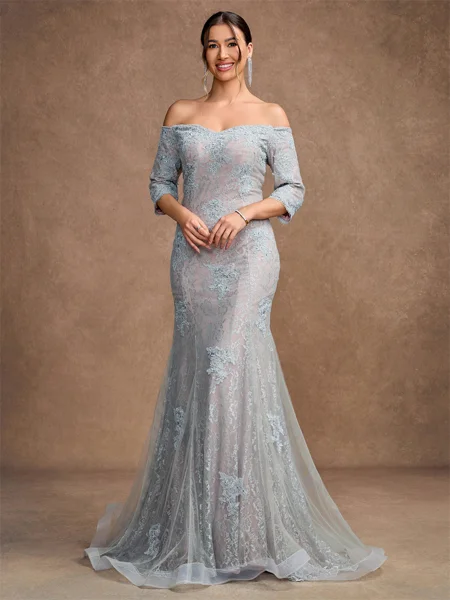 Sheath/Column Lace Applique Off-the-Shoulder 3/4 Sleeves Sweep/Brush Train Mother of the Bride Dresses
