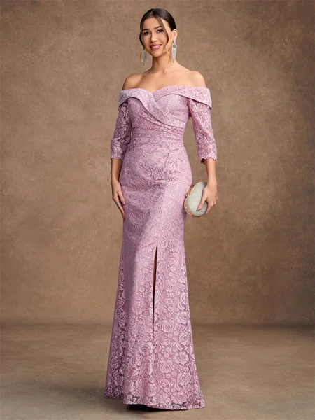 Sheath/Column Satin Lace Off-the-Shoulder 3/4 Sleeves Floor-Length Mother of the Bride Dresses