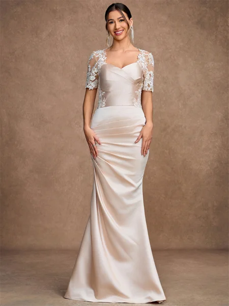 Sheath/Column Satin Lace Sweetheart Short Sleeves Floor-Length Mother of the Bride Dresses