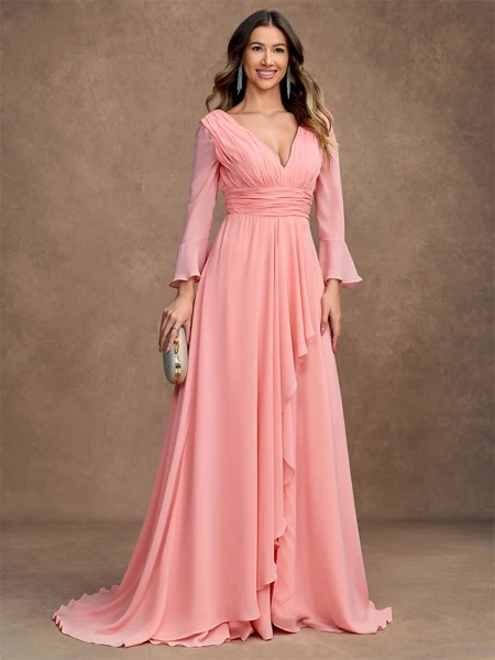 A-Line/Princess Chiffon Ruched V-neck Long Sleeves Sweep/Brush Train Mother of the Bride Dresses