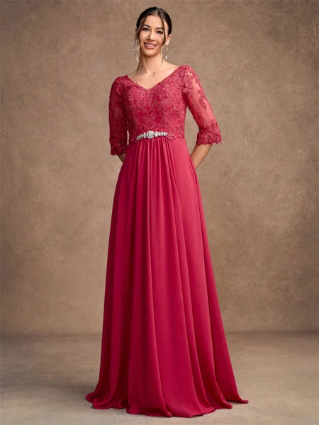 A-Line/Princess Chiffon Lace V-neck 3/4 Sleeves Floor-Length Mother of the Bride Dresses