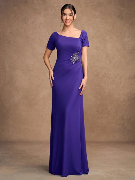 Sheath/Column Jersey Beading Square Short Sleeves Floor-Length Mother of the Bride Dresses