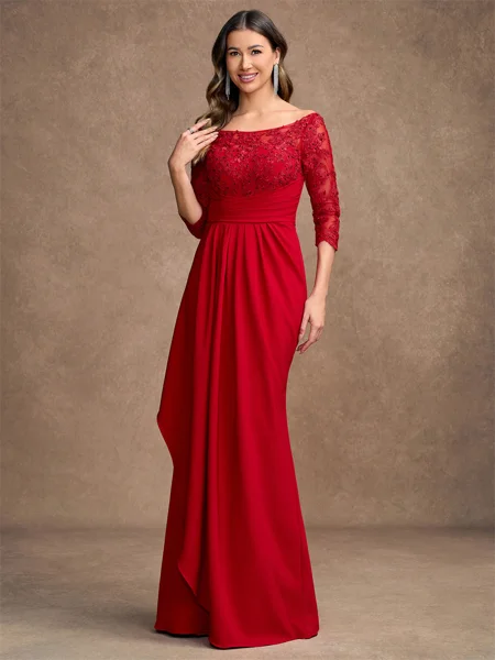 A-Line/Princess Stretch Crepe Lace Off-the-Shoulder 3/4 Sleeves Floor-Length Mother of the Bride Dresses