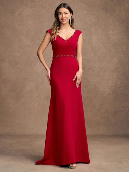Sheath/Column Stretch Crepe Beading V-neck Sleeveless Floor-Length Mother of the Bride Dresses
