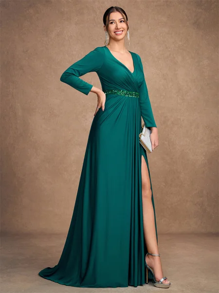 A-Line/Princess Jersey Beading V-neck Long Sleeves Sweep/Brush Train Mother of the Bride Dresses