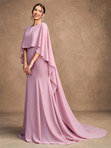 Sheath/Column Chiffon Ruffles Scoop Long Sleeves Sweep/Brush Train Mother of the Bride Dresses